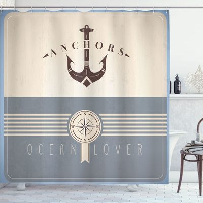 Ambesonne Nautical Shower Curtain, Vintage Marine Design for Ocean Lovers Anchor Compass and Stripes, Cloth Fabric Bathroom Decor Set with Hooks, 69" W x 70" L, Slate Blue