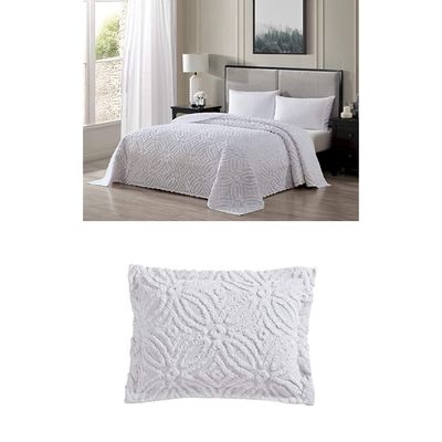 Beatrice Home Fashions Wedding Ring Chenille Bedspread, Full, White + 2 Wedding Ring Chenille Pillow Shams, Standard,White