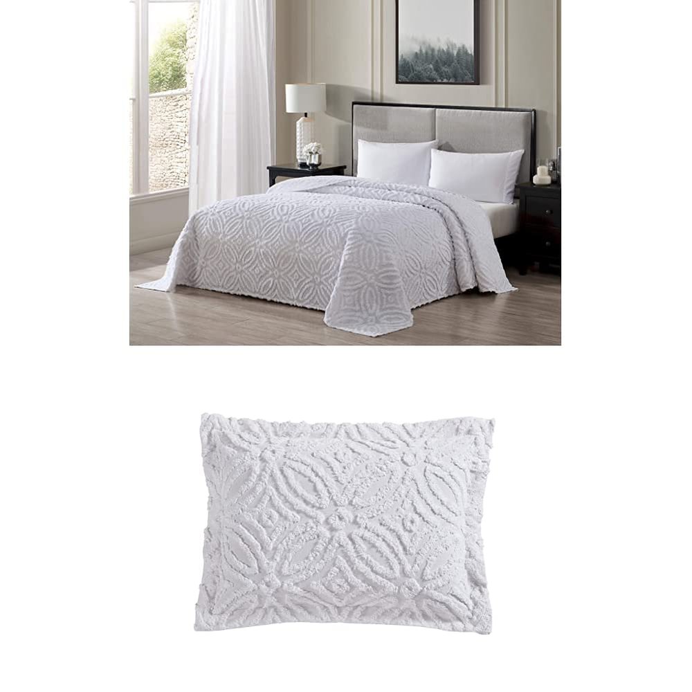 Beatrice Home Fashions Wedding Ring Chenille Bedspread, Full, White + 2 Wedding Ring Chenille Pillow Shams, Standard,White