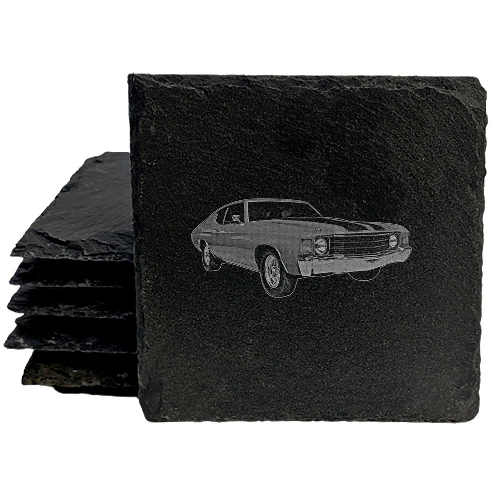 Classic Muscle on Your Table: Laser-Etched 1971 Chevelle Coasters - Square Slate - Set of 8