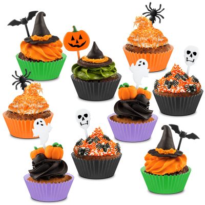 150 Pieces Halloween Picks Set - 50 Plastic Cupcake Topper Pumpkin Ghost Toothpicks With 100 Paper Cupcake Liners Muffin Wrappers Baking Cups for Kids Birthday Party Supplies
