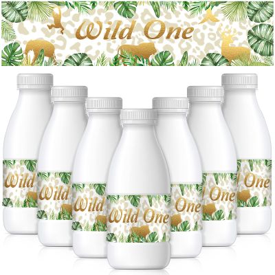 48 Pieces Wild One Water Bottle Sticker Greenery Jungle Animals Favor Stickers Jungle Themed Water Bottle Labels for Wild One Themed Birthday Party Decorations (8.27 x 1.97 inch)