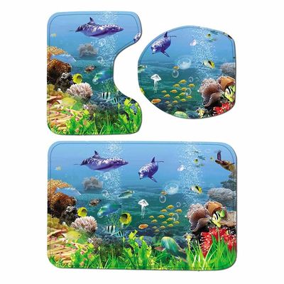 3-Piece Underwater World Animal Bathroom Rug Set, Bathroom Washable Non-Slip Rug, U-Shaped Contouring mat and Toilet seat Cover mat for Bathroom, Children's Bathroom, Kitchen. (C)