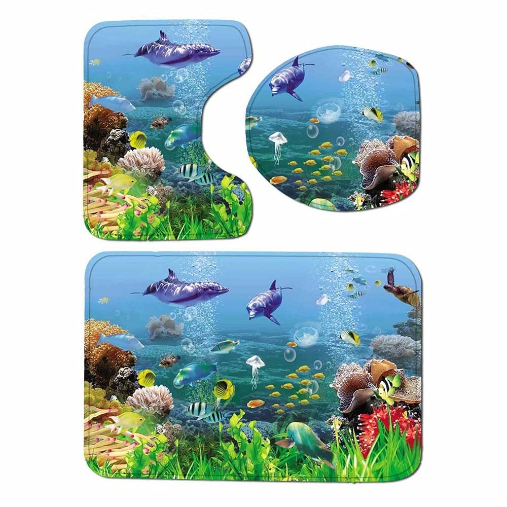 3-Piece Underwater World Animal Bathroom Rug Set, Bathroom Washable Non-Slip Rug, U-Shaped Contouring mat and Toilet seat Cover mat for Bathroom, Children's Bathroom, Kitchen. (C)