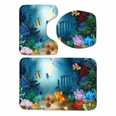 3-Piece Underwater World Animal Bathroom Rug Set, Bathroom Washable Non-Slip Rug, U-Shaped Contouring mat and Toilet seat Cover mat for Bathroom, Children's Bathroom, Kitchen. (B)