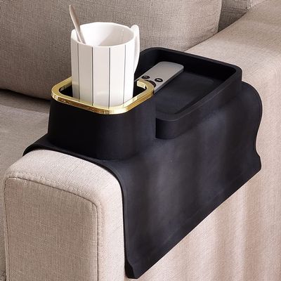 Couch Cup Holder Tray, Elimiko Silicone Anti-Spill and Anti-Slip Couch Drink Holder, Strong and Weighted Phone/Remote/Snacks Sofa Cup Holder (Black)
