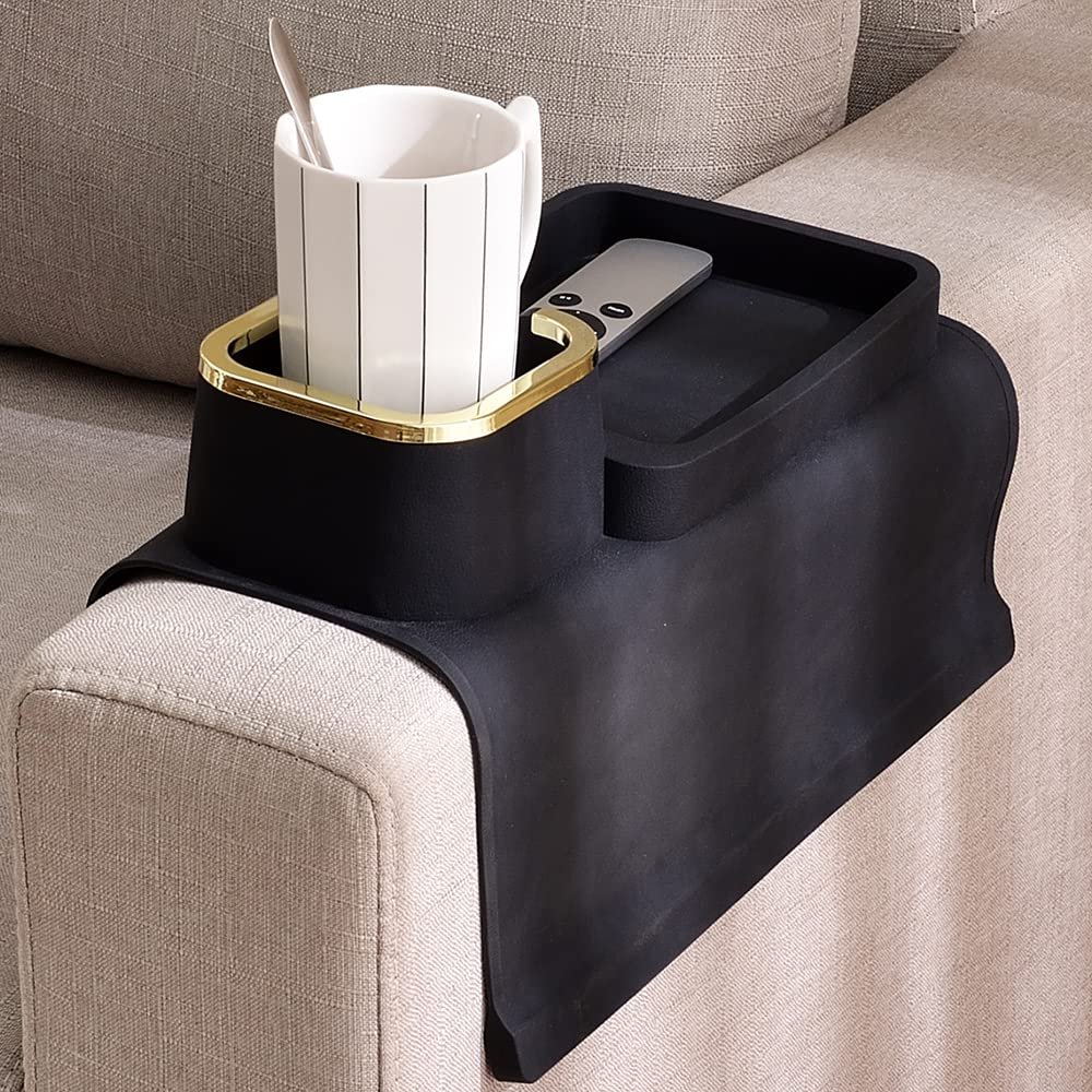 Couch Cup Holder Tray, Elimiko Silicone Anti-Spill and Anti-Slip Couch Drink Holder, Strong and Weighted Phone/Remote/Snacks Sofa Cup Holder (Black)