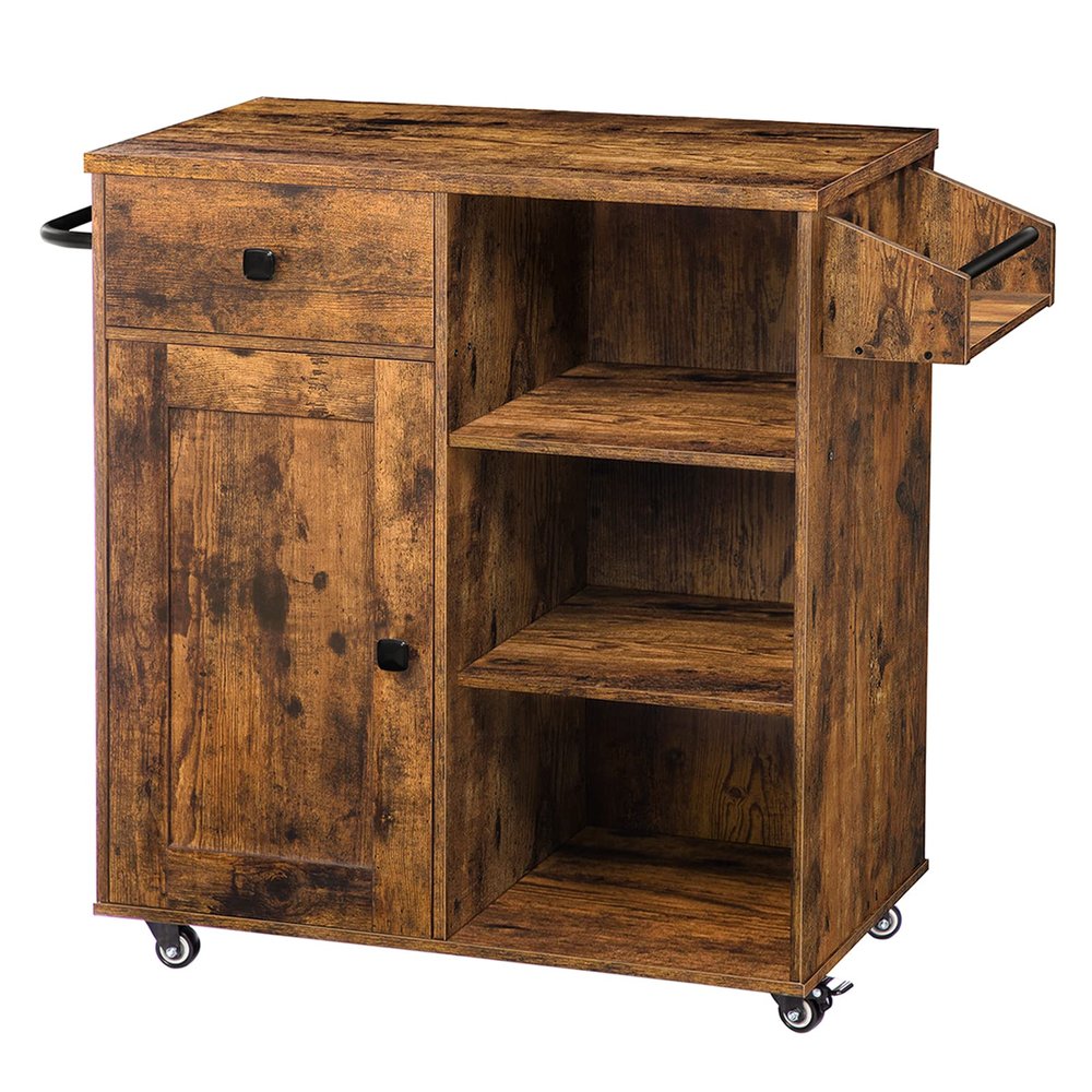 HOOBRO Kitchen Island, Storage Cabinet with Drawer, Kitchen Cart with Spice and Towel Rack, Saving Space, Easy Assembly, for Living Room, Rustic Brown BF12ZD01