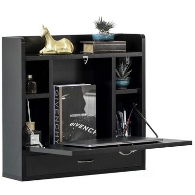 Basicwise, Black Wall Mount Folding Laptop Writing Computer or Makeup Desk with Storage Shelves and Drawer,QI004015.BK