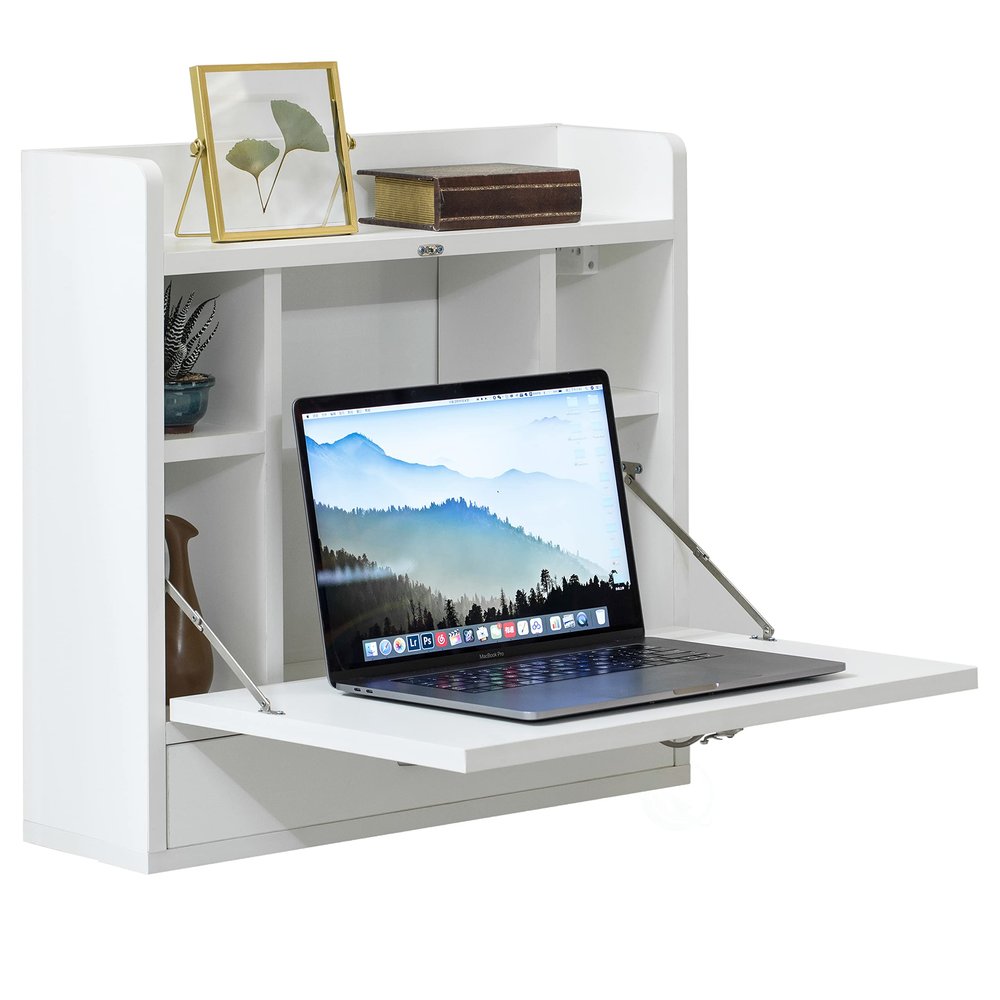 Basicwise, White Wall Mount Folding Laptop Writing Computer or Makeup Desk with Storage Shelves and Drawer (QI004015.WT)