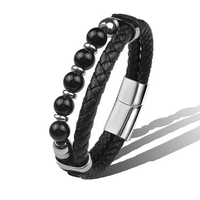 memorial jewelry Mens Bead Leather Cremation Bracelet, Natural Bead, Steel and Leather Urn Bracelet for Men Stainless Steel Ash Bracelet