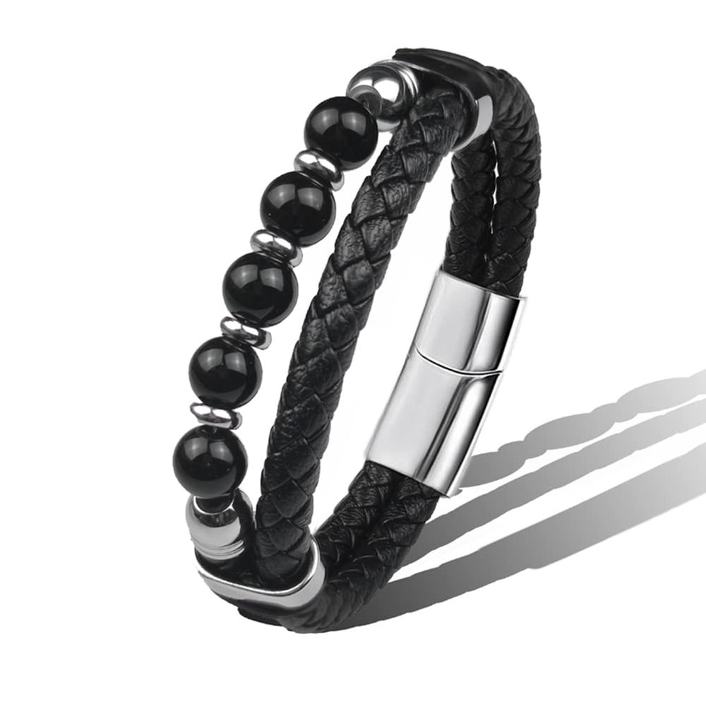 memorial jewelry Mens Bead Leather Cremation Bracelet, Natural Bead, Steel and Leather Urn Bracelet for Men Stainless Steel Ash Bracelet