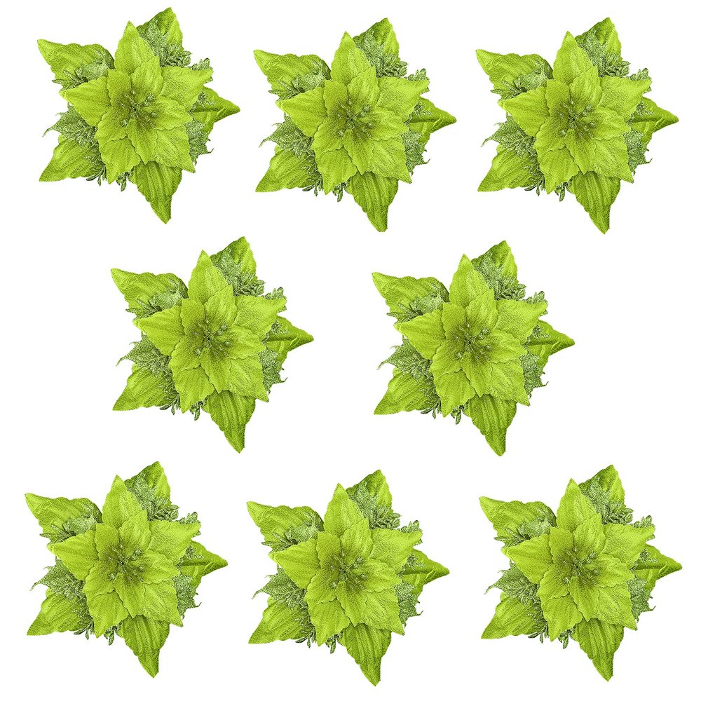 Babody Glitter Christmas Poinsettia Flowers, 8Pcs Artificial Flowers Christmas Flowers Faux Poinsettia DIY Flower Centerpiece Arrangement for Christmas Tree Wreaths Holiday Decor (Green)