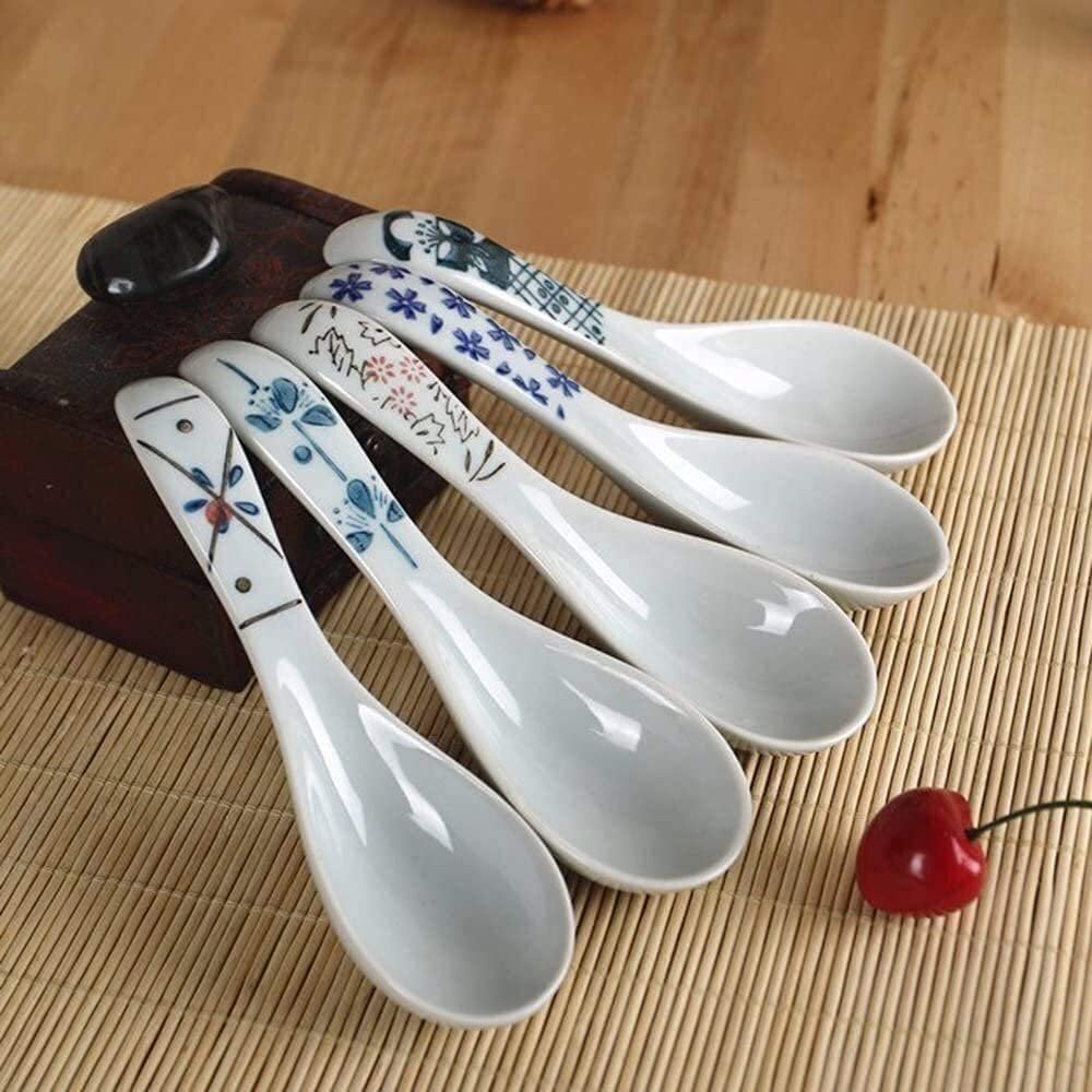 5 Piece Soup Spoons Hand Painted Porcelain Flower Spoon Handle Chinese Rice Spoon Tableware for Appetizers