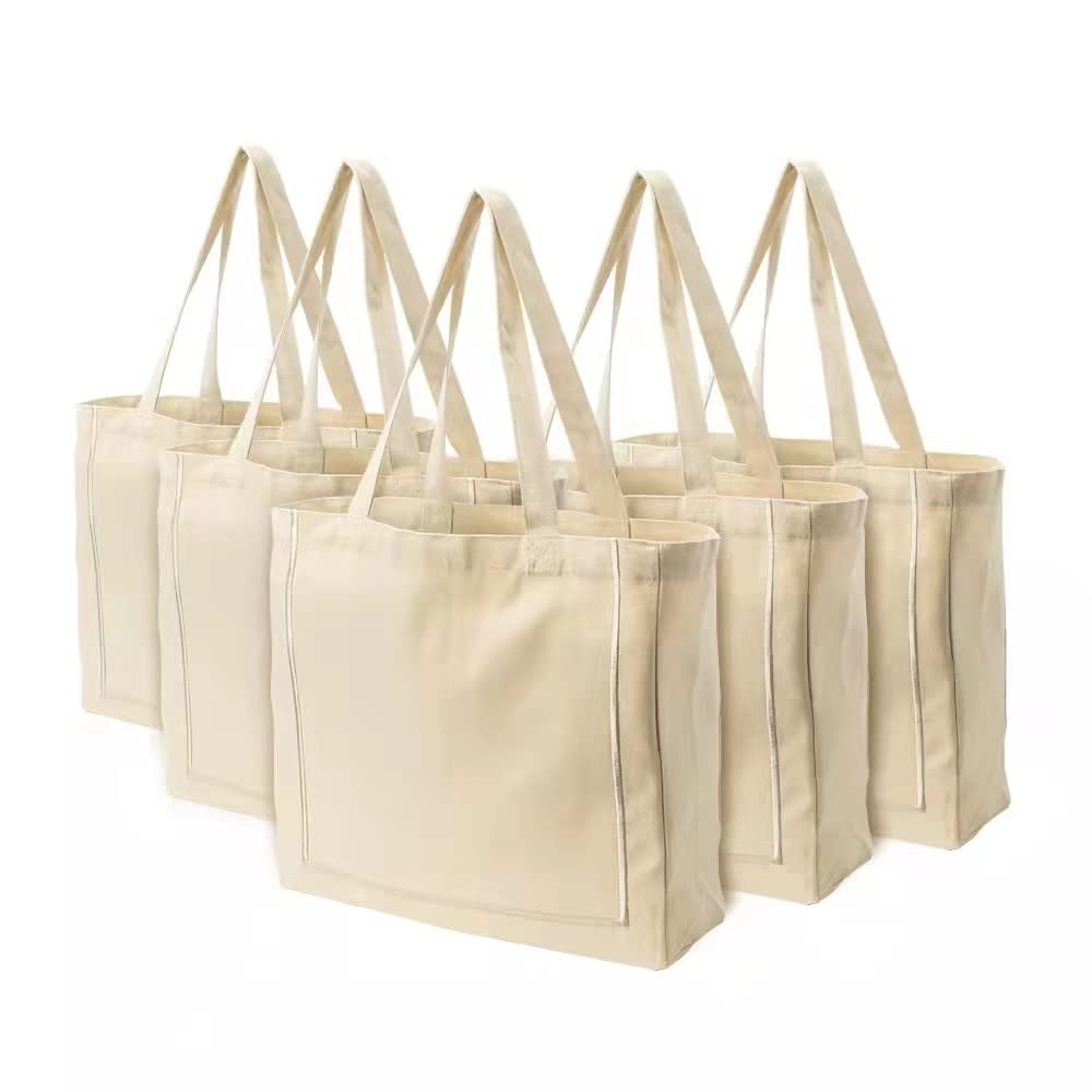 Azuca Reusable Grocery Shopping Cloth Bags (5 Pack) Super Strong Large 12oz 100% Cotton Fashionable embroidery Canvas Tote Bag, DIY Your Creative Designs