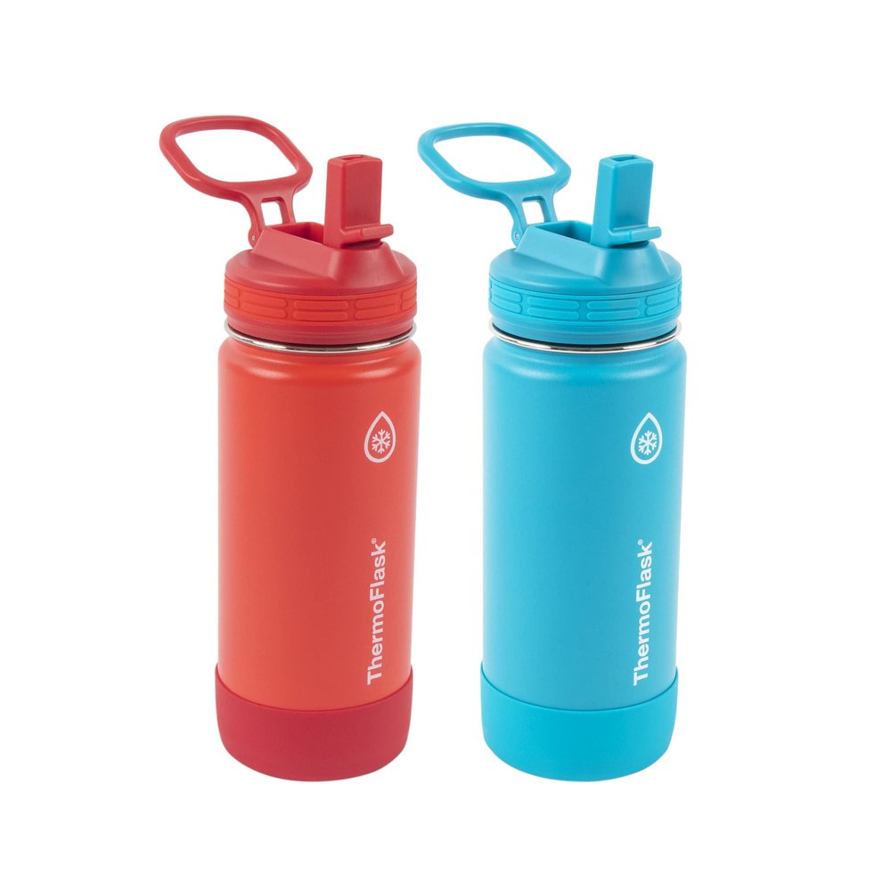 ThermoFlask Kids 16 oz Insulated Water Bottles with Straw Lid BPA-Free Stainless Steel Leakproof & Spill-Proof Design Easy Clean Wide Mouth 2-Pack for School, Sports, Playdates, Red/Blue