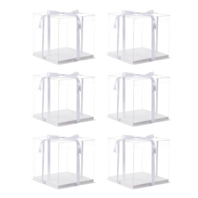 XININSUN 6Pcs clear cake boxes with Ribbon, 6inch cake boxes for Christmas Bakery Treat,Holiday Pastries,Gift Giving-White