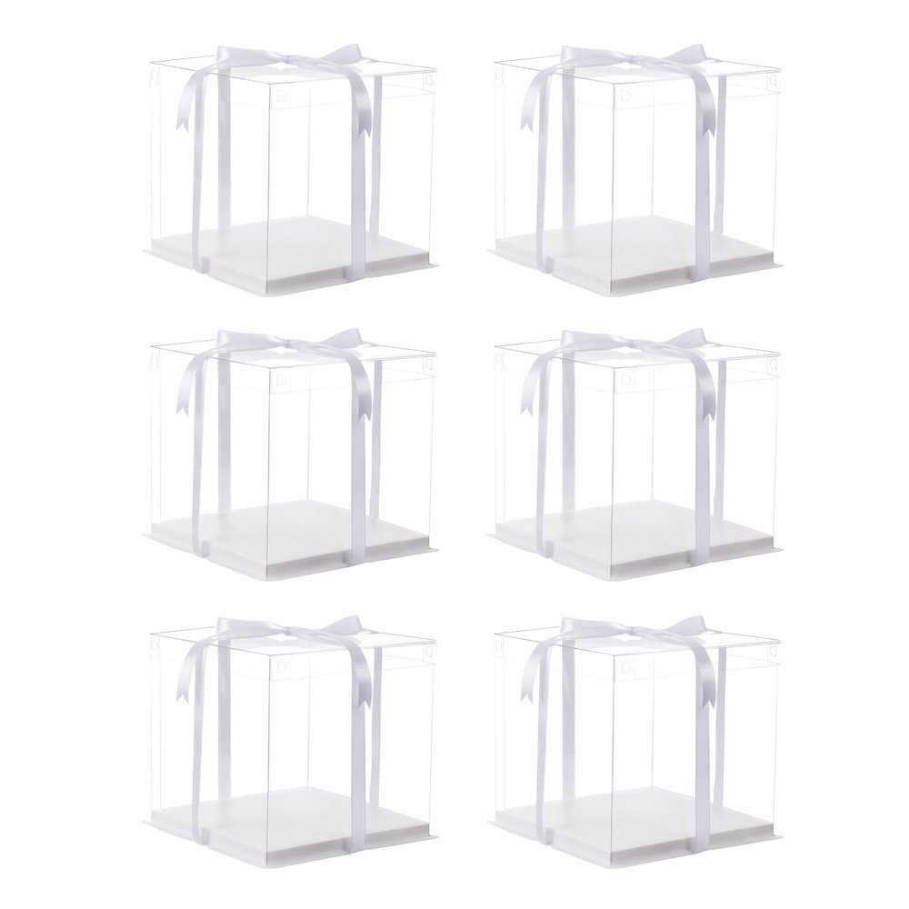 XININSUN 6Pcs clear cake boxes with Ribbon, 6inch cake boxes for Christmas Bakery Treat,Holiday Pastries,Gift Giving-White