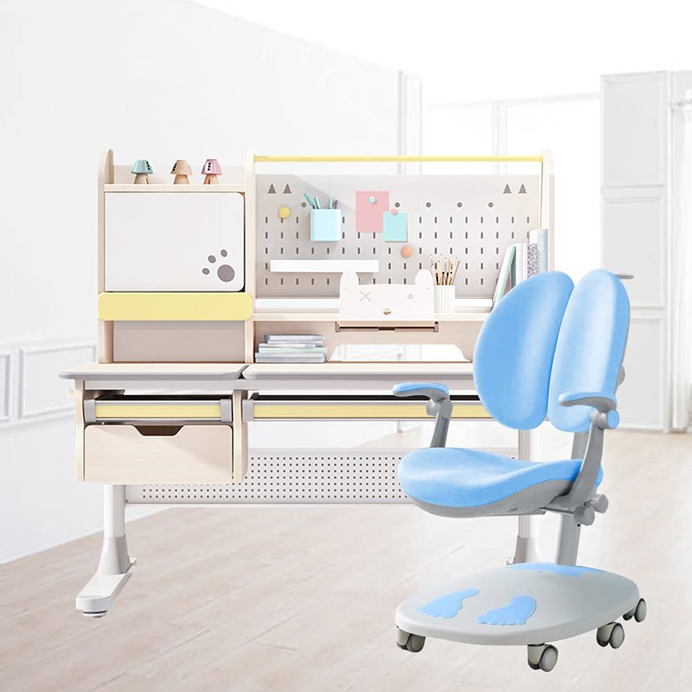 FCD Wood Ergonomic Kids Study Desk and Chair Set Height Adjustable Wood 47" Width Tiltable Desktop with Bookshelf and Hutch with Multi Function Study Chair(Natural Wood Desk w/Blue Chair)