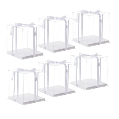 XININSUN 6Pcs clear cake Box with Ribbon, 8 X 8 X 9inch tall cake box,8inch Bakery Take Out Transport Containers Clear Gift Boxes for Wedding, Birthday, Party