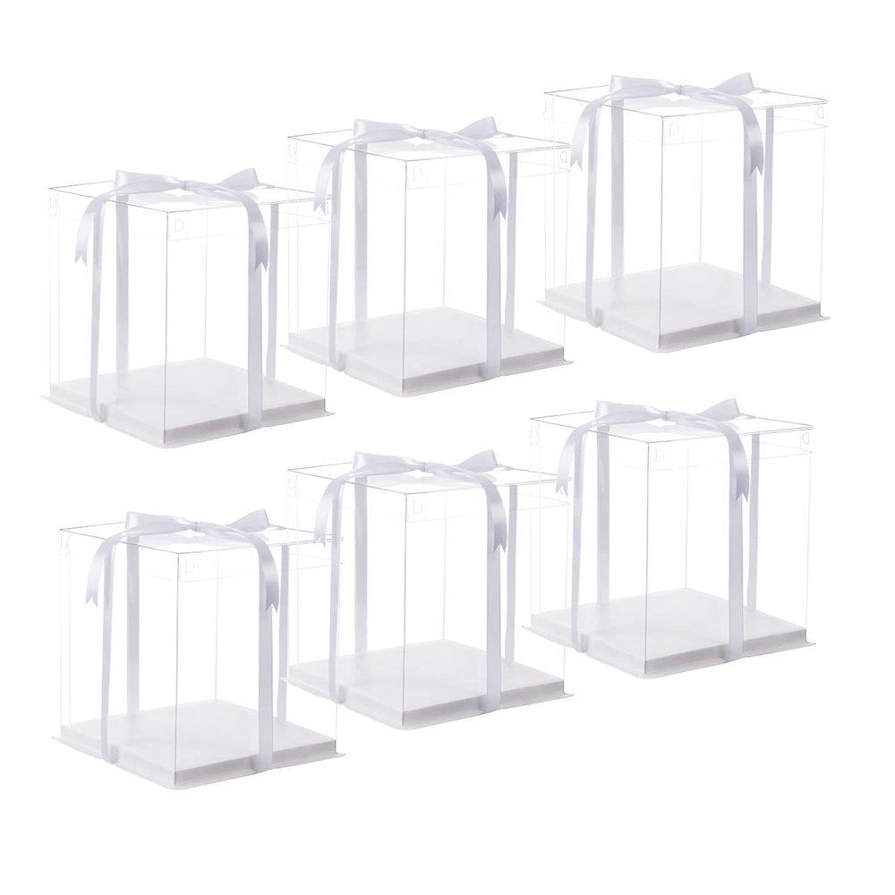 XININSUN 6Pcs clear cake Box with Ribbon, 8 X 8 X 9inch tall cake box,8inch Bakery Take Out Transport Containers Clear Gift Boxes for Wedding, Birthday, Party