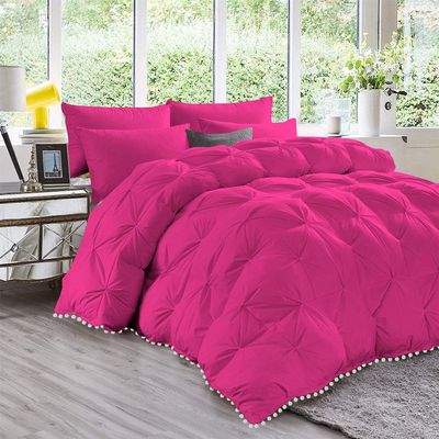 International Sheets 3 Piece Pom Pom Pinch Pleated Comforter Set 800 TC 100% Egyptian Cotton, White Vintage Pom-Pom Fringe Super Soft (Super King Size Hot Pink Color)