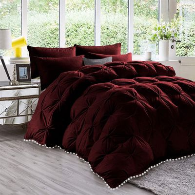 International Sheets 3 Piece Pom Pom Pinch Pleated Comforter Set 800 TC 100% Egyptian Cotton, White Vintage Pom-Pom Fringe Super Soft (Twin/Twin XL Size Wine Color)