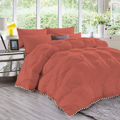 International Sheets 3 Piece Pom Pom Pinch Pleated Comforter Set 800 TC 100% Egyptian Cotton, White Vintage Pom-Pom Fringe Super Soft (Super King Size Brick Red Color)