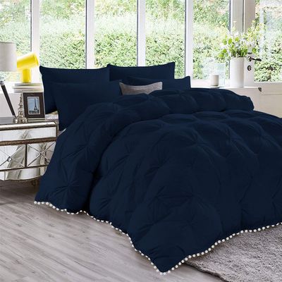 International Sheets 1 Piece Pom Pom Pinch Pleated Comforter 800 TC 100% Egyptian Cotton, White Vintage Pom-Pom Fringe Super Soft (Super King Size Navy Color)
