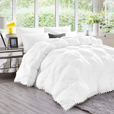International Sheets 3 Piece Pom Pom Pinch Pleated Comforter Set 800 TC 100% Egyptian Cotton, White Vintage Pom-Pom Fringe Super Soft (Super King Size White Color)