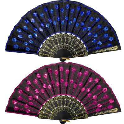 Jetec 2 Pieces Lace Spanish Fan, Handheld Chinese Folding Hand Fan for Women 1920s Dancing Costume, Spanish Flamenco Gift with Embroidered Sequin, Photo Prop, Prom, Wedding Decor(Royal Blue, Rose Red)