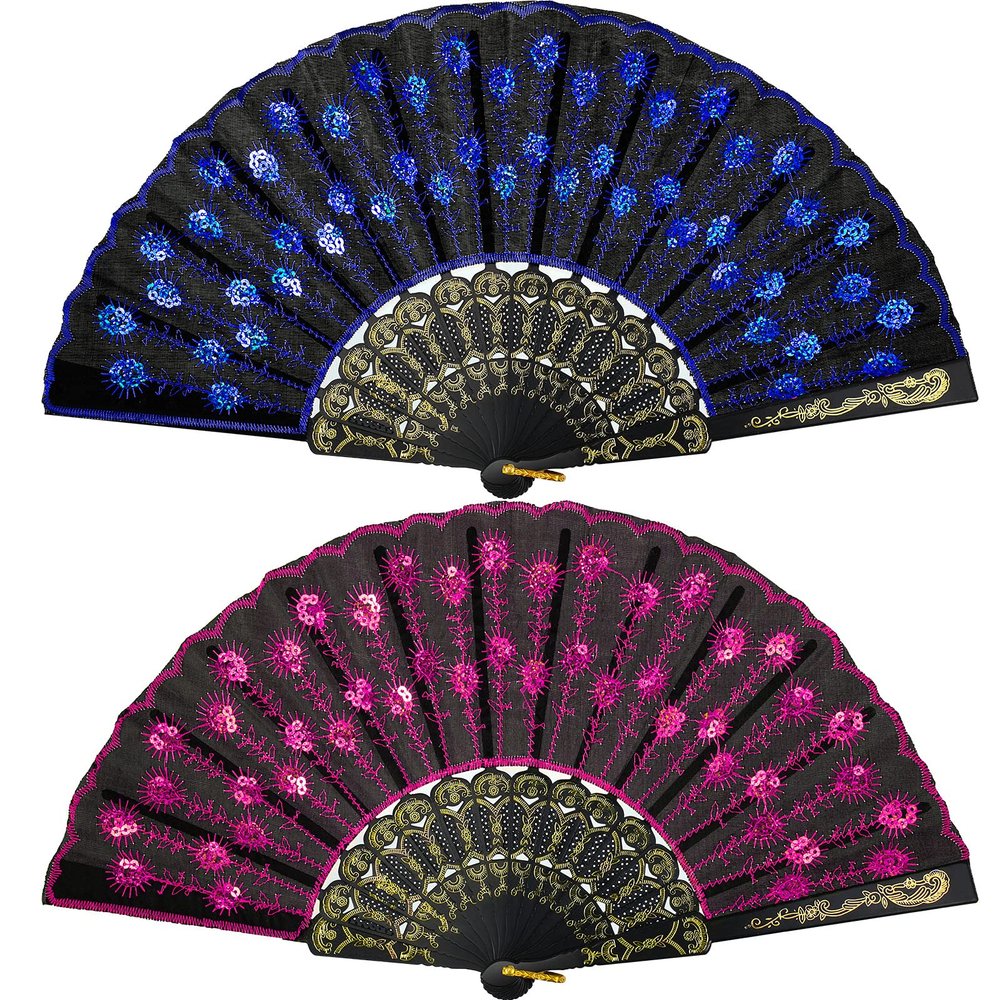 Jetec 2 Pieces Lace Spanish Fan, Handheld Chinese Folding Hand Fan for Women 1920s Dancing Costume, Spanish Flamenco Gift with Embroidered Sequin, Photo Prop, Prom, Wedding Decor(Royal Blue, Rose Red)