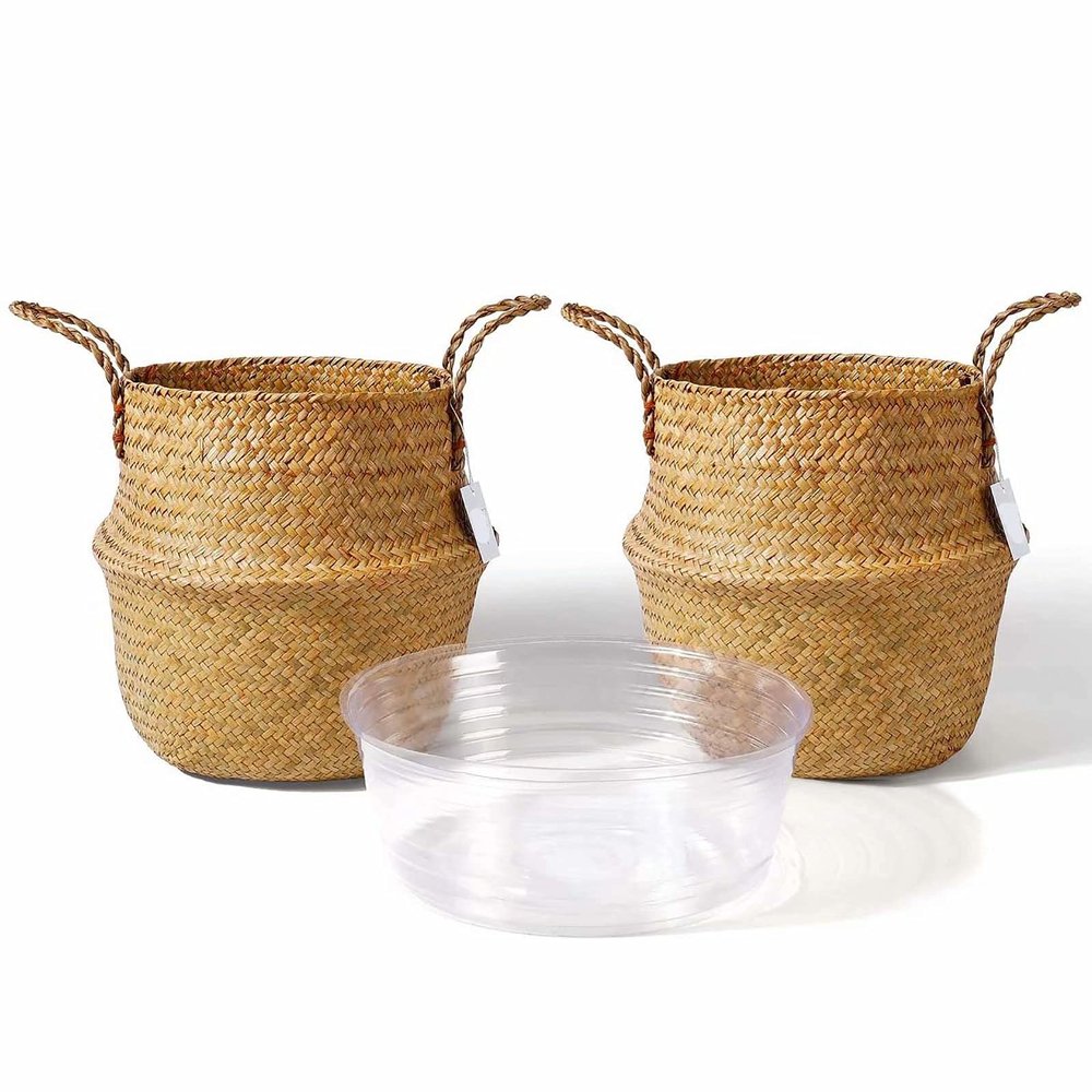 2 Pack Hand Woven Seagrass Plant Basket for Succulents,Boho Belly Plant Basket Home Storage Basket Extra Large Woven Straw Beach Bag Seagrass Flower Plant Container Modern Home Decor(Brown)