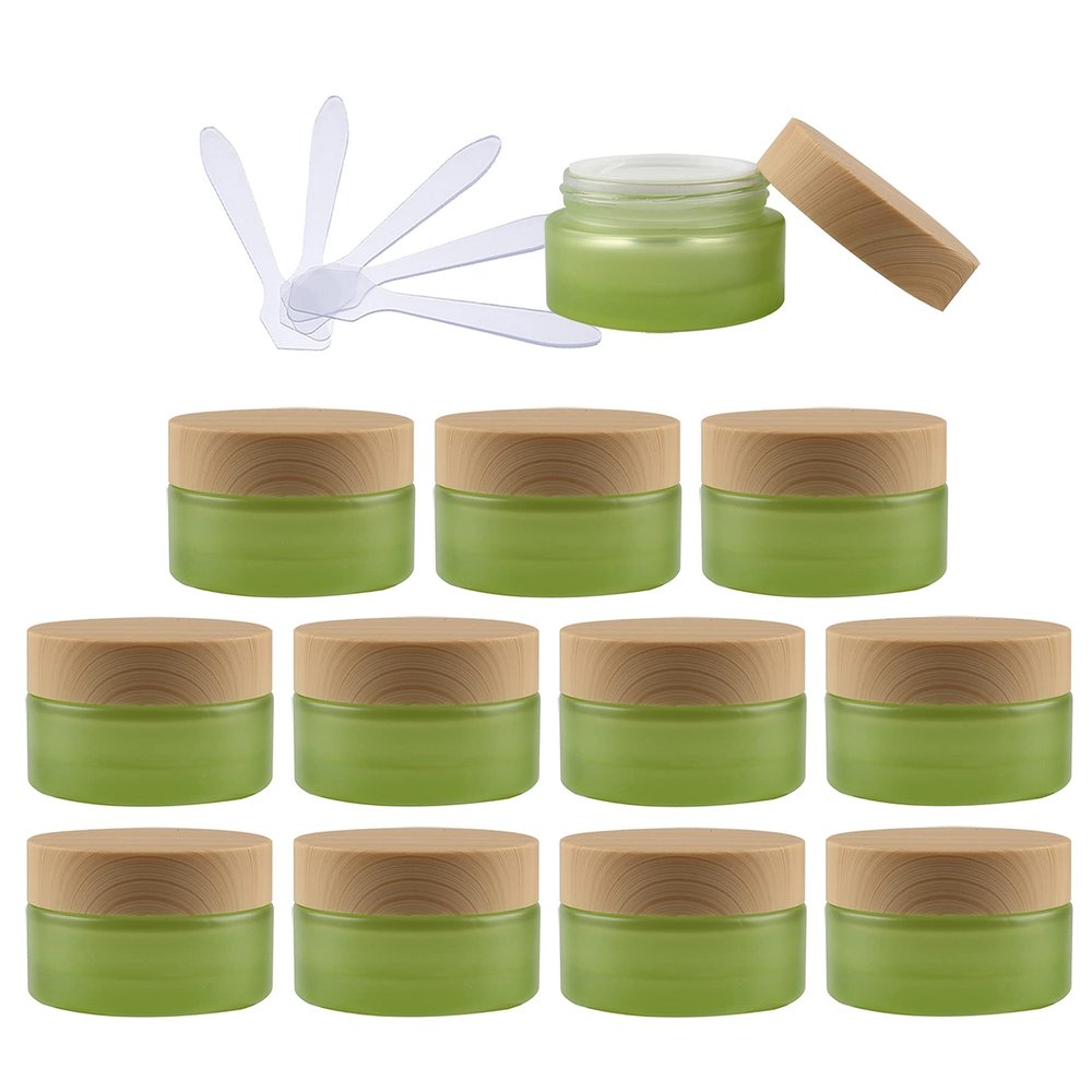 DLIBUY 6 Pieces Empty 30ml Green Glass Cosmetic Jars with Screw Lid 30g Small Containers with Inner Seal for Homemade Cosmetic Cream Salve Lip Balm Travel Storage Pot, 6x Spatula