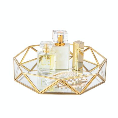 Feyarl Gold Glass Perfume Tray Mirror Vanity Jewelry Trinket Organizer Tray Ornate Cosmetic Makeup Display Decorative Coffee Table Tray for Wedding Home Decor Dresser Tabletop Countertop (9.5inch)