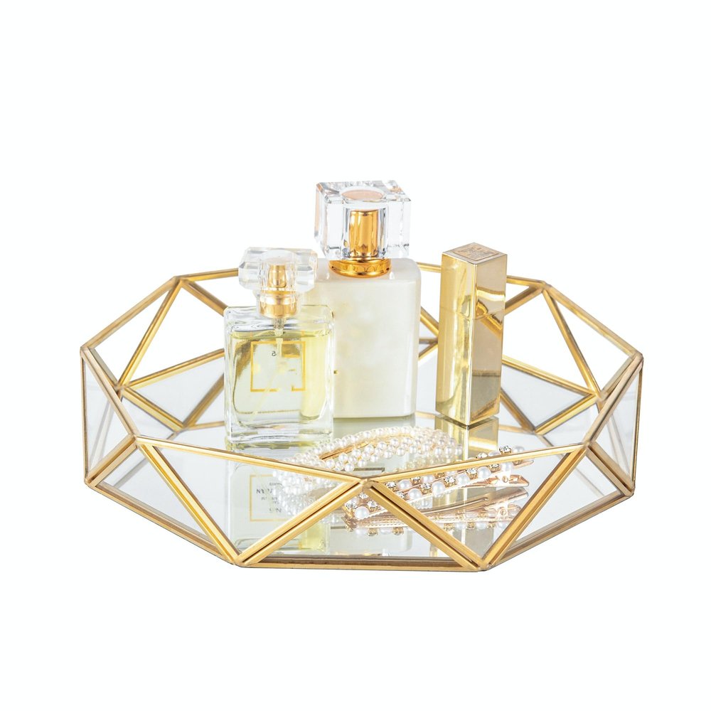 Feyarl Gold Glass Perfume Tray Mirror Vanity Jewelry Trinket Organizer Tray Ornate Cosmetic Makeup Display Decorative Coffee Table Tray for Wedding Home Decor Dresser Tabletop Countertop (9.5inch)