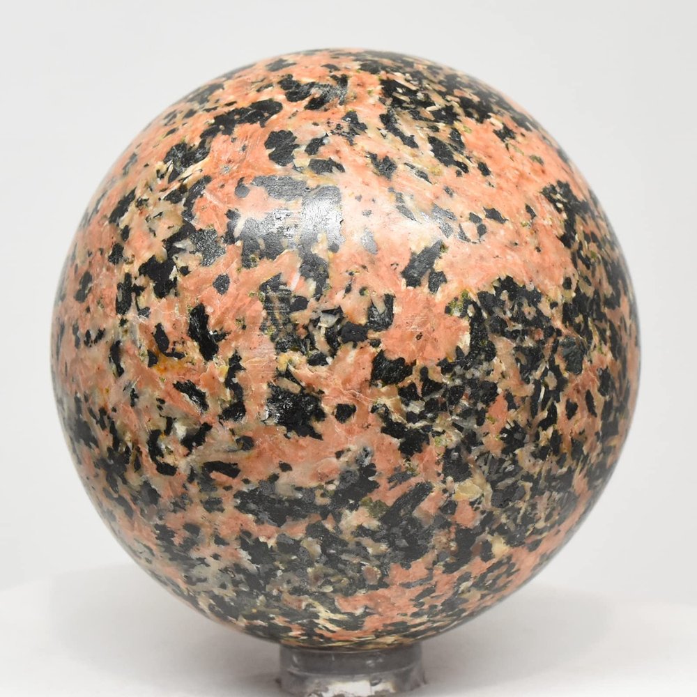 65mm 415g Orange Orthoclase w/Black Tourmaline Sphere Polished Natural Feldspar Gemstone Crystal Mineral LW UV Reactive Ball - Peru + Stand