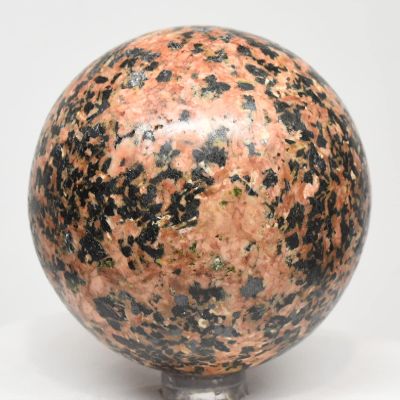 2.5" 395g Orange Orthoclase w/Black Tourmaline Sphere Polished Glowing Under LW UV Natural Feldspar Gemstone Crystal Mineral Ball - Peru + Stand