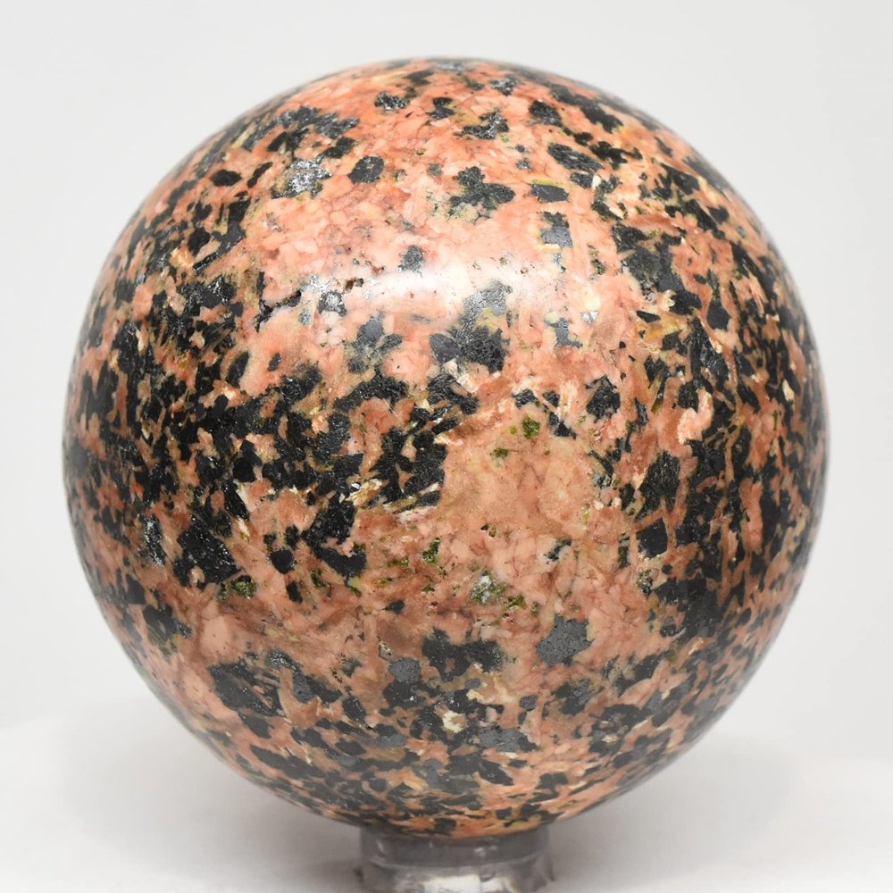 2.5" 395g Orange Orthoclase w/Black Tourmaline Sphere Polished Glowing Under LW UV Natural Feldspar Gemstone Crystal Mineral Ball - Peru + Stand
