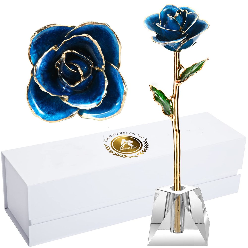 AliveRose 24k Gold Rose in Dipped,24k Gold Real Rose Gift for her, Long Stem Rose Made from Real Gold Rose for Anniversary Valentines Mothers Day Birthday (Deep Blue with Crystal Vase)