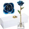 AliveRose 24k Gold Rose in Dipped,24k Gold Real Rose Gift for her, Long Stem Rose Made from Real Gold Rose for Anniversary Valentines Mothers Day Birthday (Deep Blue with Crystal Vase) view 1