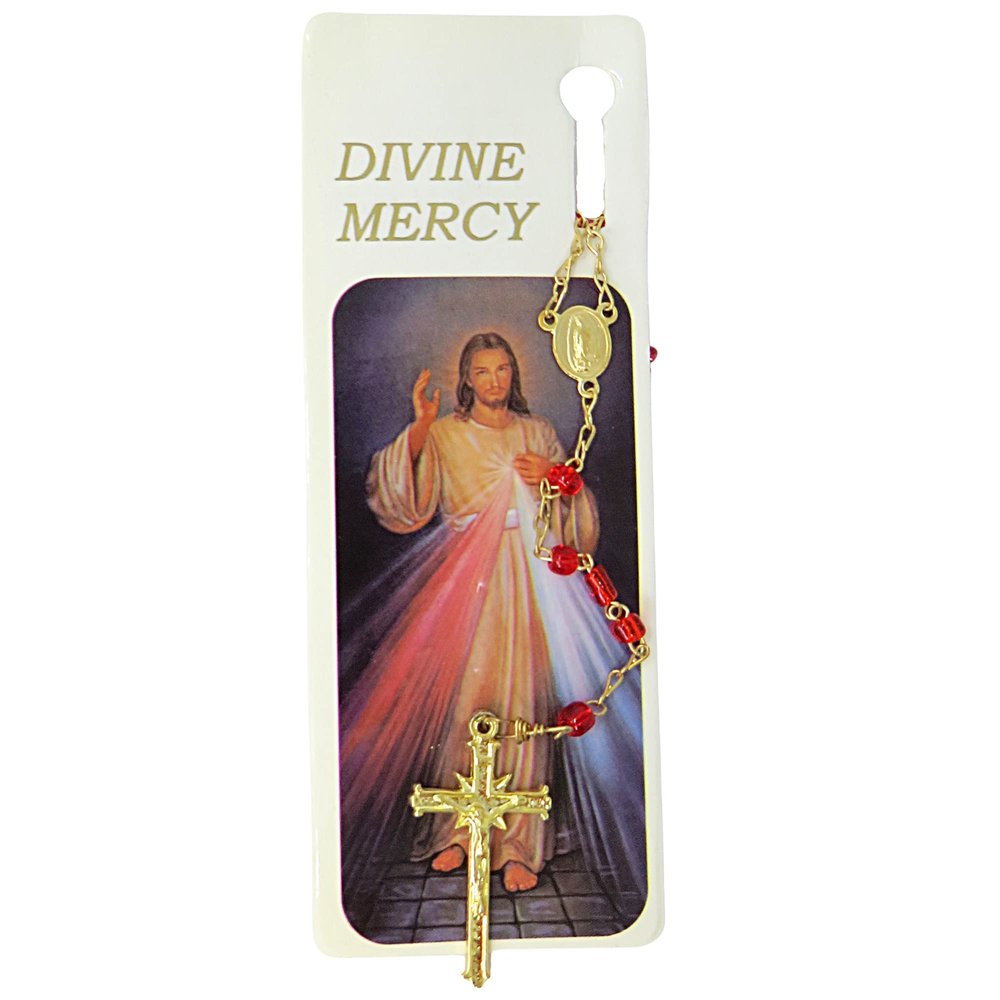 Divine Mercy Bookmark with Rosary Gift Set, Book Page Holder with Spanish Chaplet on The Back and Red Beaded Necklace with Crucifix