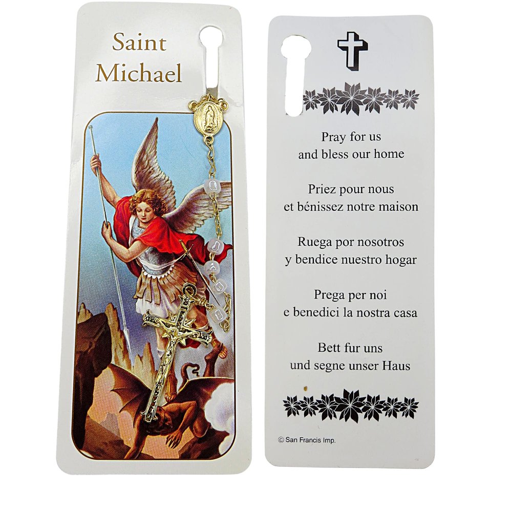 Needzo Saint Michael Bookmark with Rosary Gift Set, Book Page Holder with Spanish Chaplet on The Back and White Beaded Necklace with Crucifix (6.5 Inches, White)