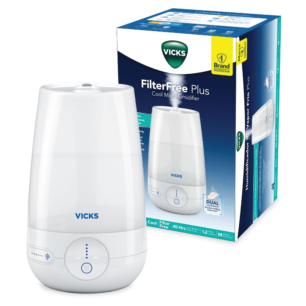 Vicks FilterFree Plus Cool Mist Plus Humidifier (VUL565), Medium Room Filter-Free Cool Mist Humidifier for Baby, Kids and Adult Rooms, Works with Vicks VapoPads