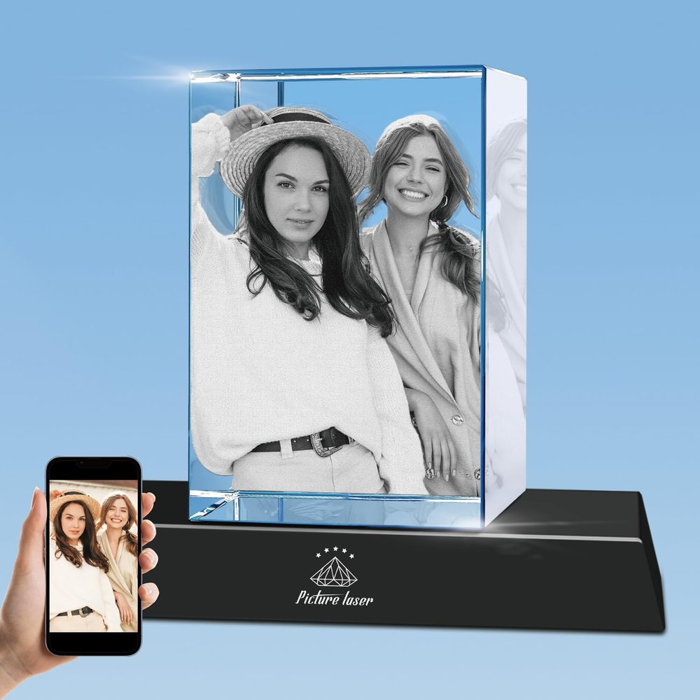 3D Crystal Photo with LED Light Base, Personalized Gifts with Your Own Photo, Laser Engraving 3D Pictures and Customized Text, Large