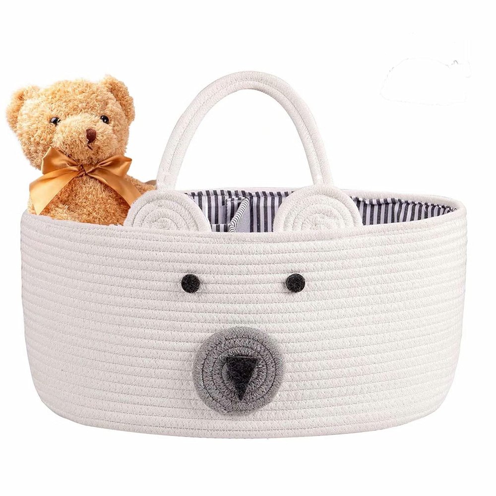 Baby Diaper Caddy Organizer -Portable Baby Nursery Storage Holder Bag -100% Real Natural Cotton Diaper Storage Basket with Removable Dividers & Sturdy Handles for Organizer Diaper Toy Paper Towels