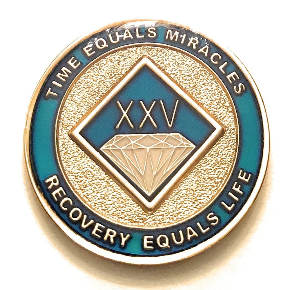 25 Year NA Blue & Gold Diamond Style Recovery, Clean, Medallion, Chip, Coin, Token