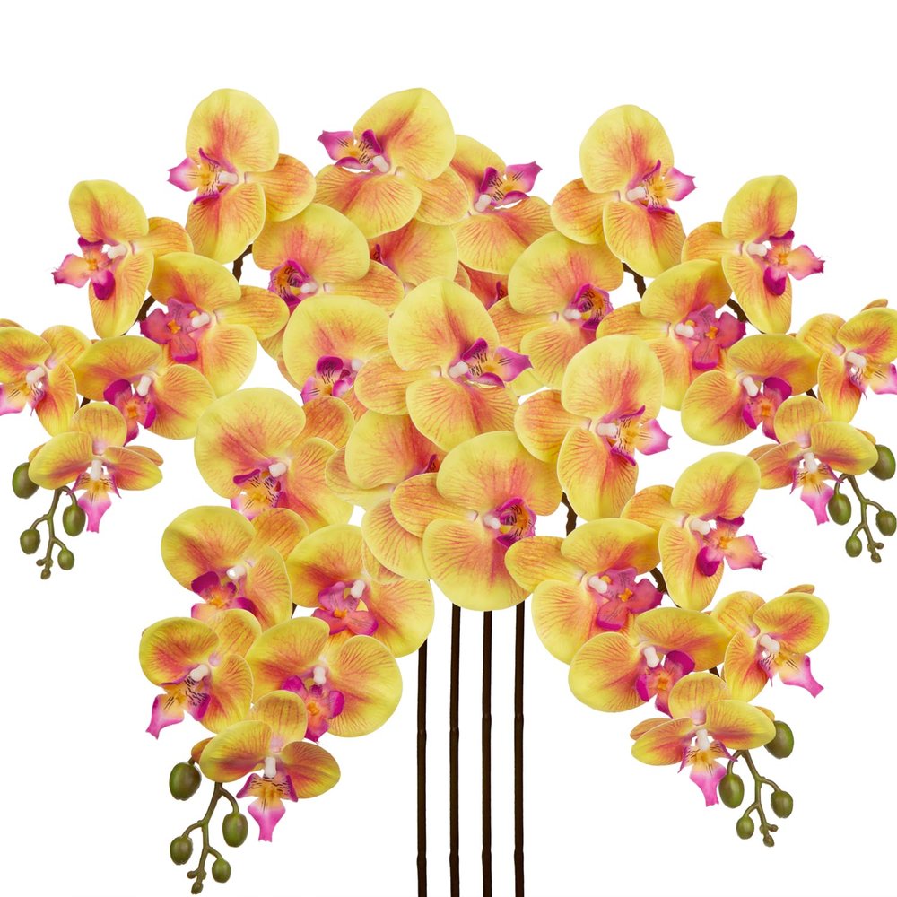 4 Pcs Artificial Orchid Flowers 9 Large Heads of Real Touch Vivid Phalaenopsis Orchid Flower Stem 36'' Tall, Artificial Flowers Branches for Home Decor, Office House Decoration-Yellow Phalaenopsis