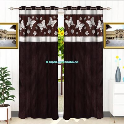 Indian Textured Home Bedroom Darkening Room Loha Linen Grommet Rod Pocket Exclusive Room Insulated Living Top Casual Pair Curtain Panel (Brown Butter Fly, Door Curtain 46" X 105" Each Panel)