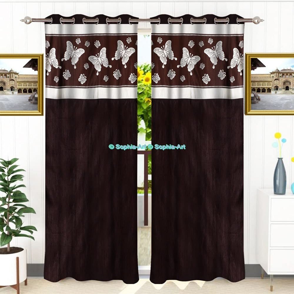 Indian Textured Home Bedroom Darkening Room Loha Linen Grommet Rod Pocket Exclusive Room Insulated Living Top Casual Pair Curtain Panel (Brown Butter Fly, Door Curtain 46" X 105" Each Panel)